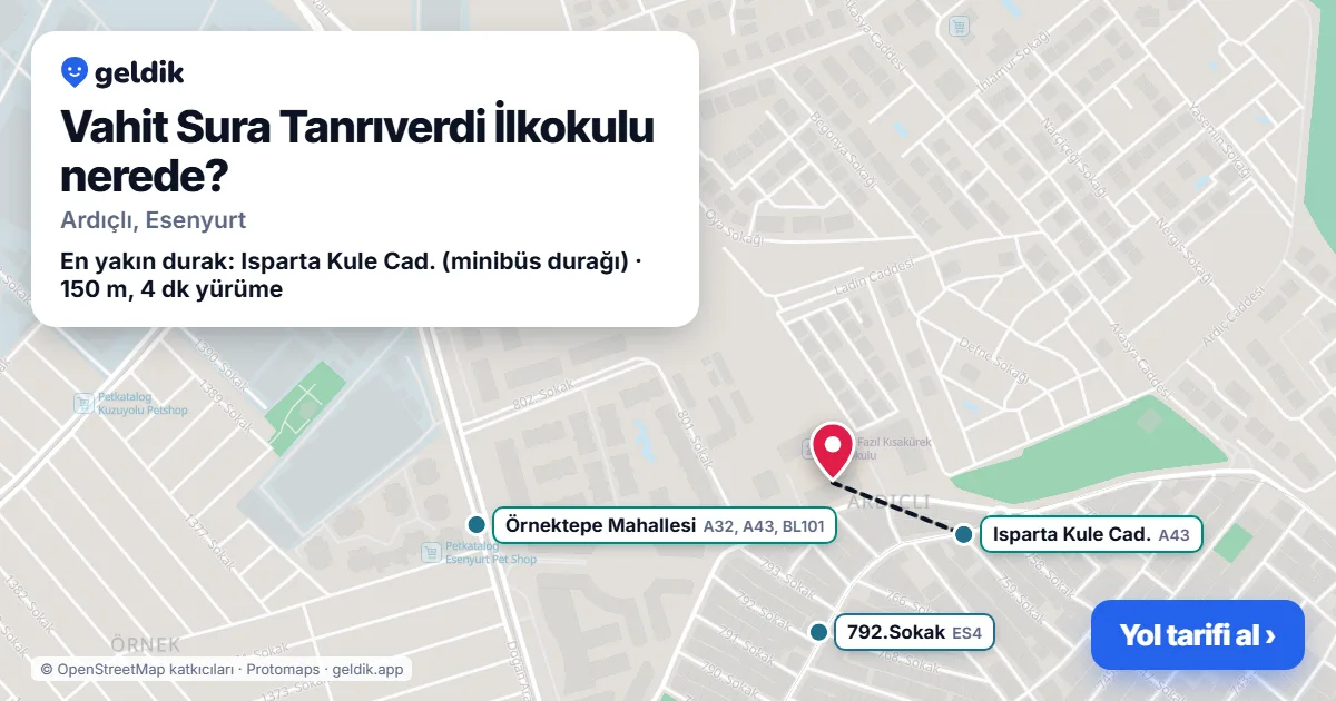 Vahit Sura Tanrıverdi İlkokulu nerede: haritada konumu ve en yakın duraklar, yürüme süreleriyle