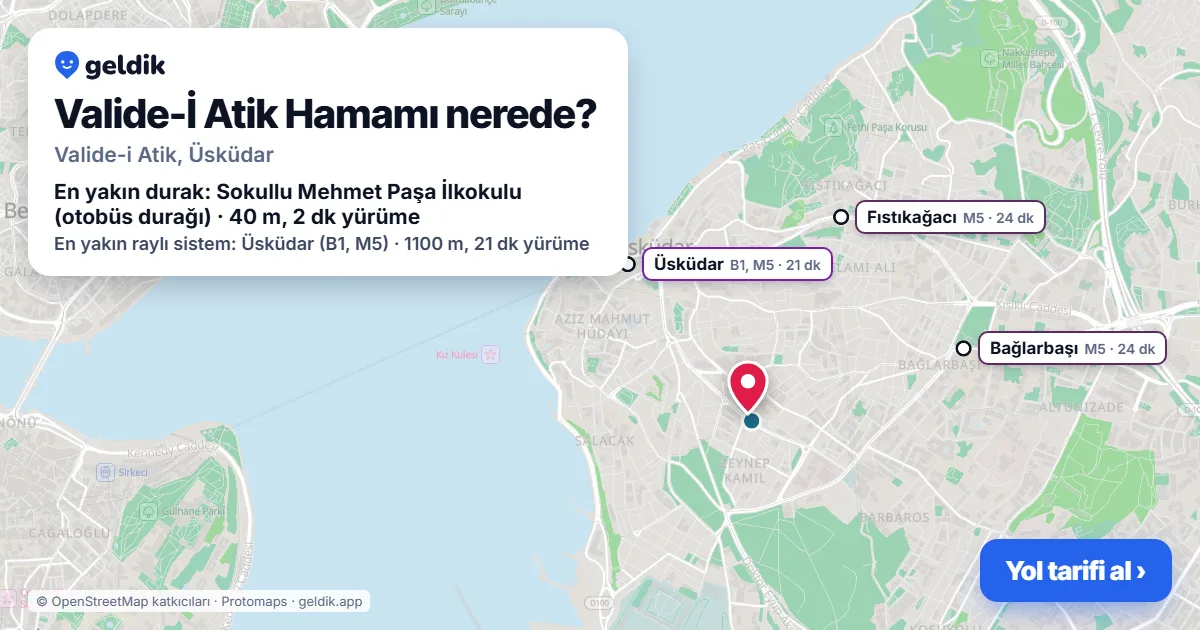 Valide-İ Atik Hamamı nerede: haritada konumu ve en yakın duraklar, yürüme süreleriyle
