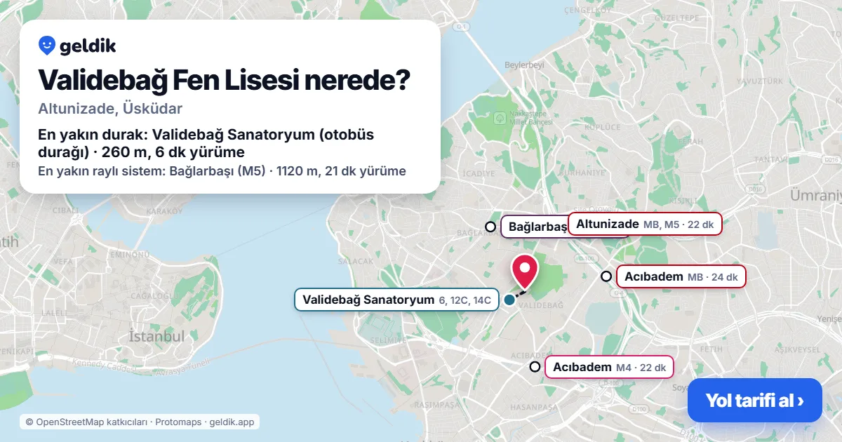 Where is Validebağ Fen Lisesi: map with its location and the nearest stops, with walking times