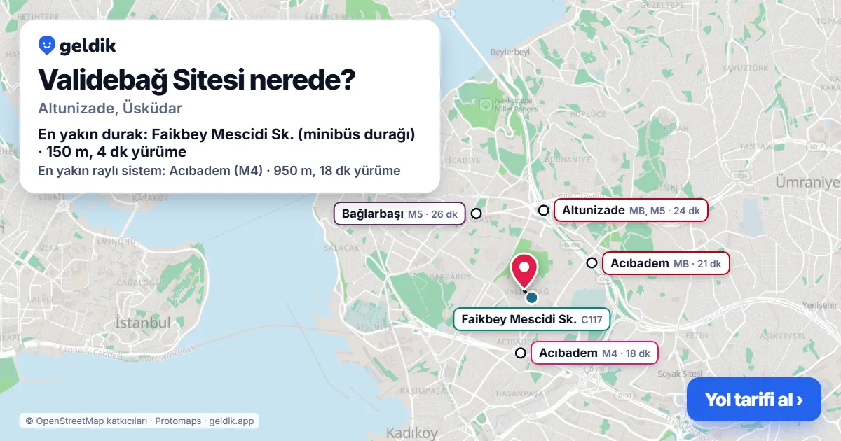 Where is Validebağ Sitesi: map with its location and the nearest stops, with walking times