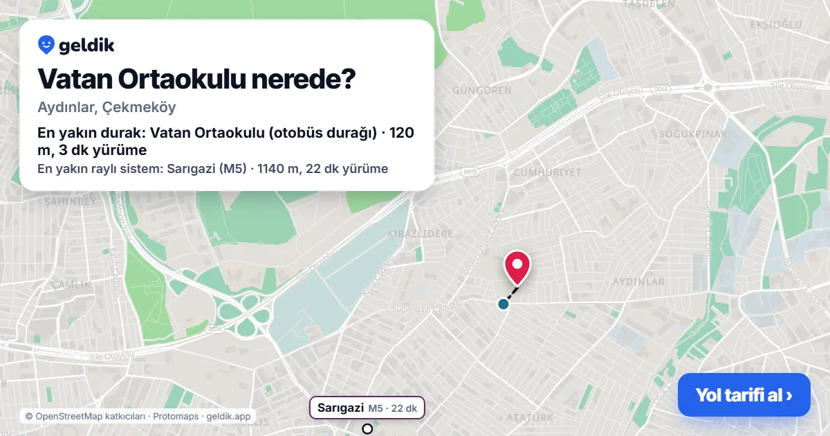 Vatan Ortaokulu nerede: haritada konumu ve en yakın duraklar, yürüme süreleriyle