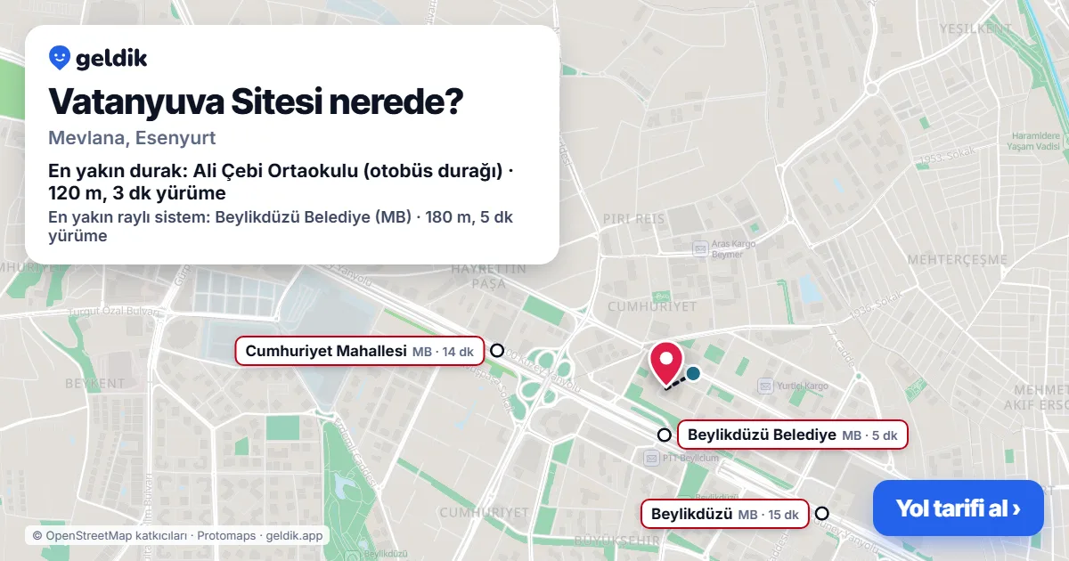 Vatanyuva Sitesi nerede: haritada konumu ve en yakın duraklar, yürüme süreleriyle