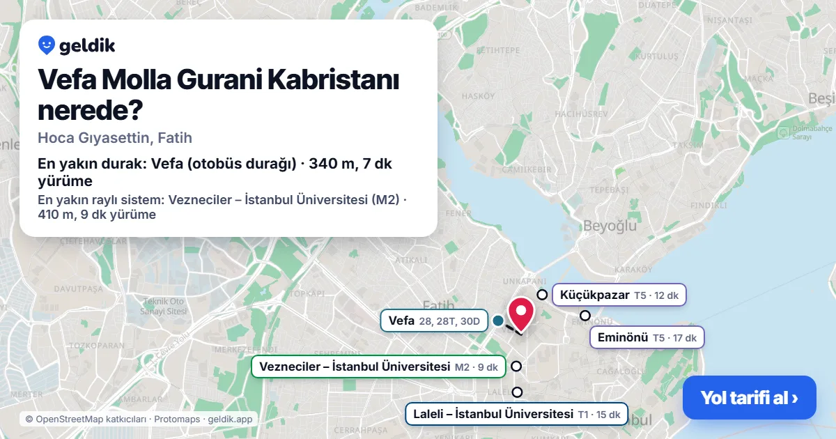 Vefa Molla Gurani Kabristanı nerede: haritada konumu ve en yakın duraklar, yürüme süreleriyle