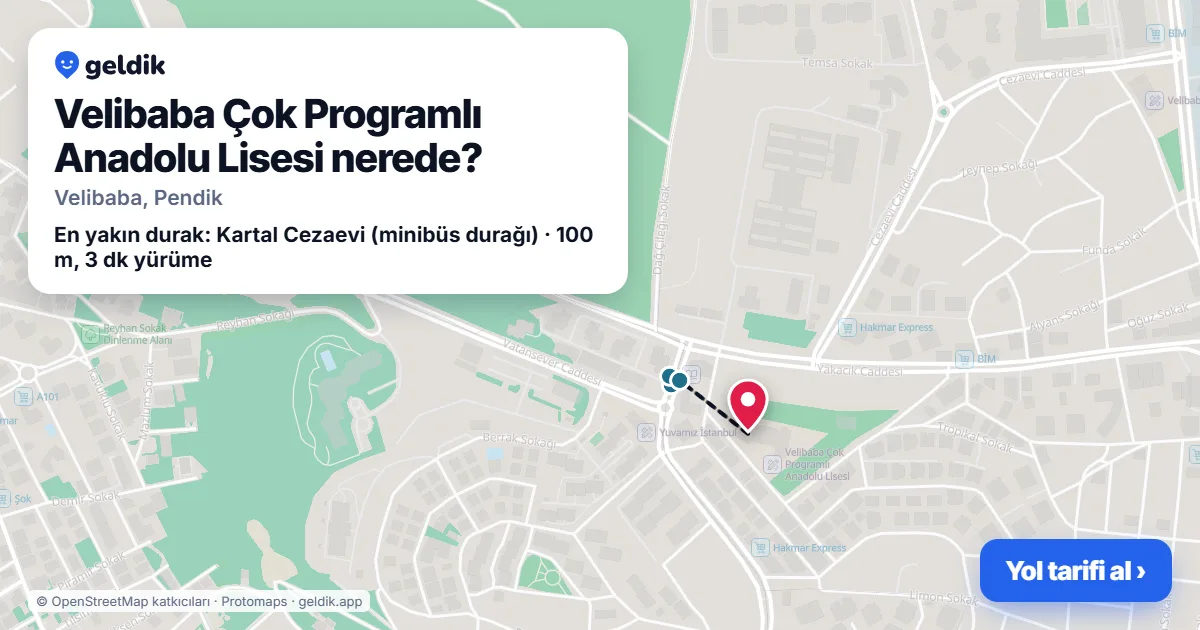 Velibaba Çok Programlı Anadolu Lisesi nerede: haritada konumu ve en yakın duraklar, yürüme süreleriyle