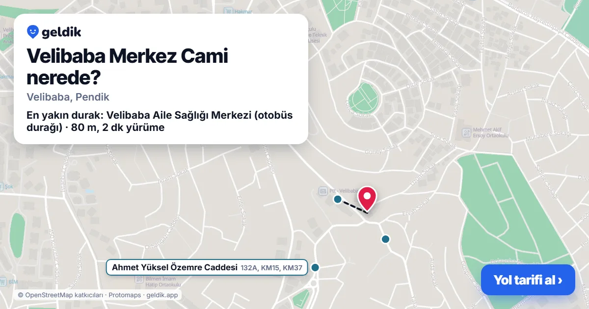 Where is Velibaba Merkez Cami: map with its location and the nearest stops, with walking times