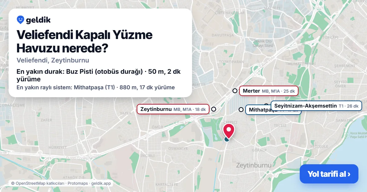 Veliefendi Kapalı Yüzme Havuzu nerede: haritada konumu ve en yakın duraklar, yürüme süreleriyle