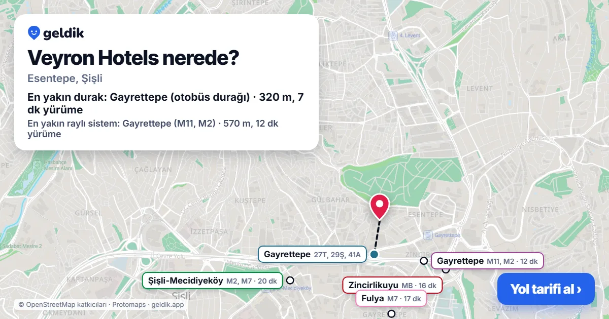 Veyron Hotels nerede: haritada konumu ve en yakın duraklar, yürüme süreleriyle