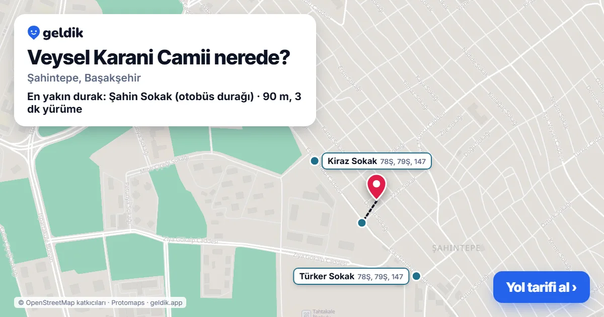 Where is Veysel Karani Camii: map with its location and the nearest stops, with walking times