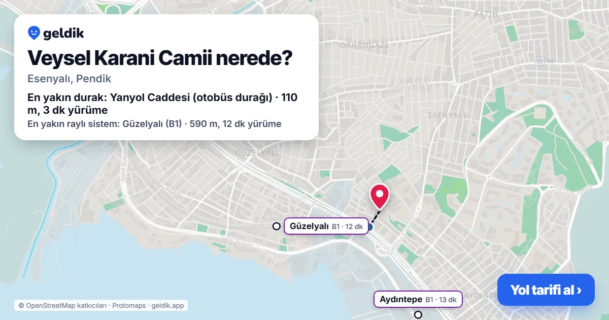 Where is Veysel Karani Camii: map with its location and the nearest stops, with walking times
