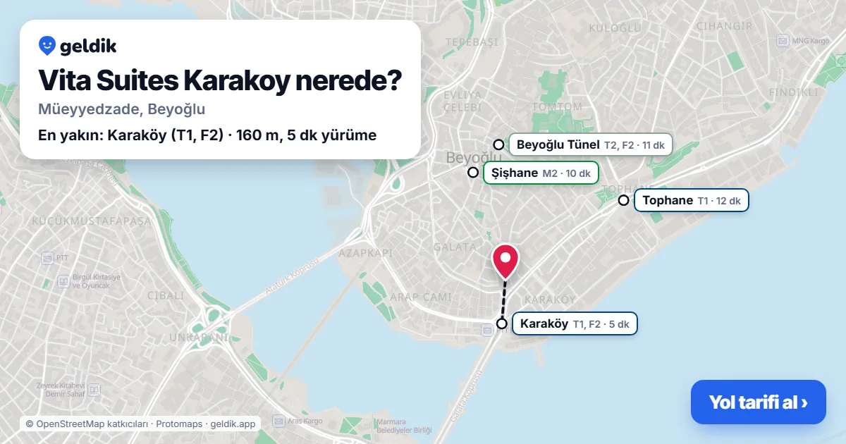 Where is Vita Suites Karakoy: map with its location and the nearest stops, with walking times