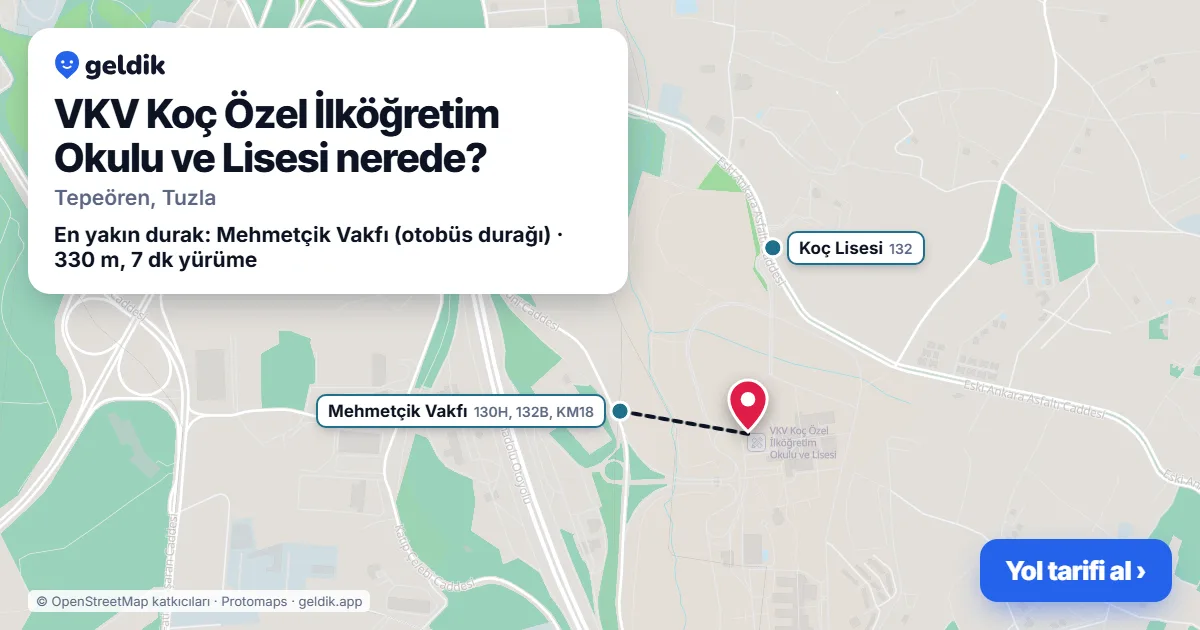 Where is VKV Koç Özel İlköğretim Okulu ve Lisesi: map with its location and the nearest stops, with walking times