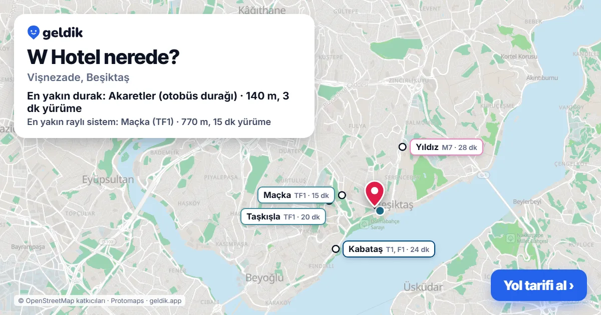 Where is W Hotel: map with its location and the nearest stops, with walking times