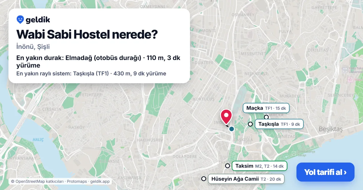 Wabi Sabi Hostel nerede: haritada konumu ve en yakın duraklar, yürüme süreleriyle