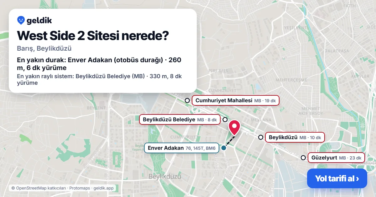 West Side 2 Sitesi nerede: haritada konumu ve en yakın duraklar, yürüme süreleriyle