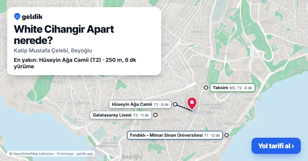 White Cihangir Apart nerede: haritada konumu ve en yakın duraklar, yürüme süreleriyle