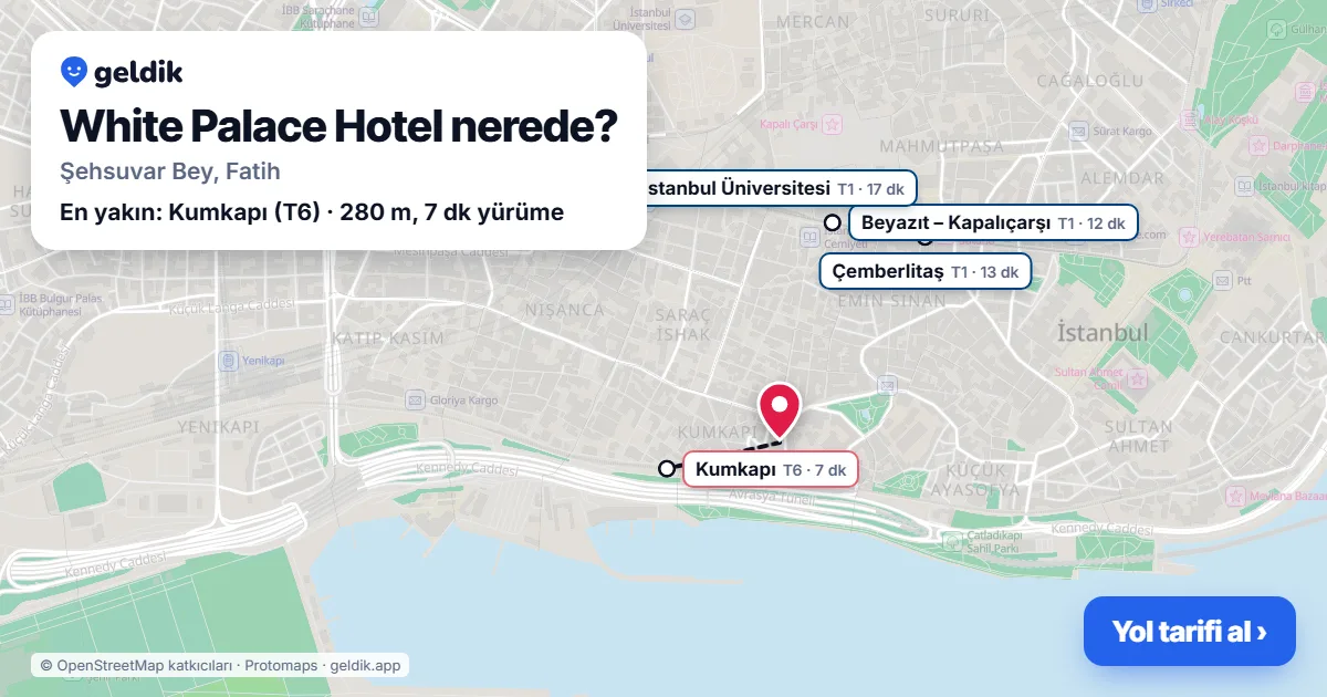 White Palace Hotel nerede: haritada konumu ve en yakın duraklar, yürüme süreleriyle