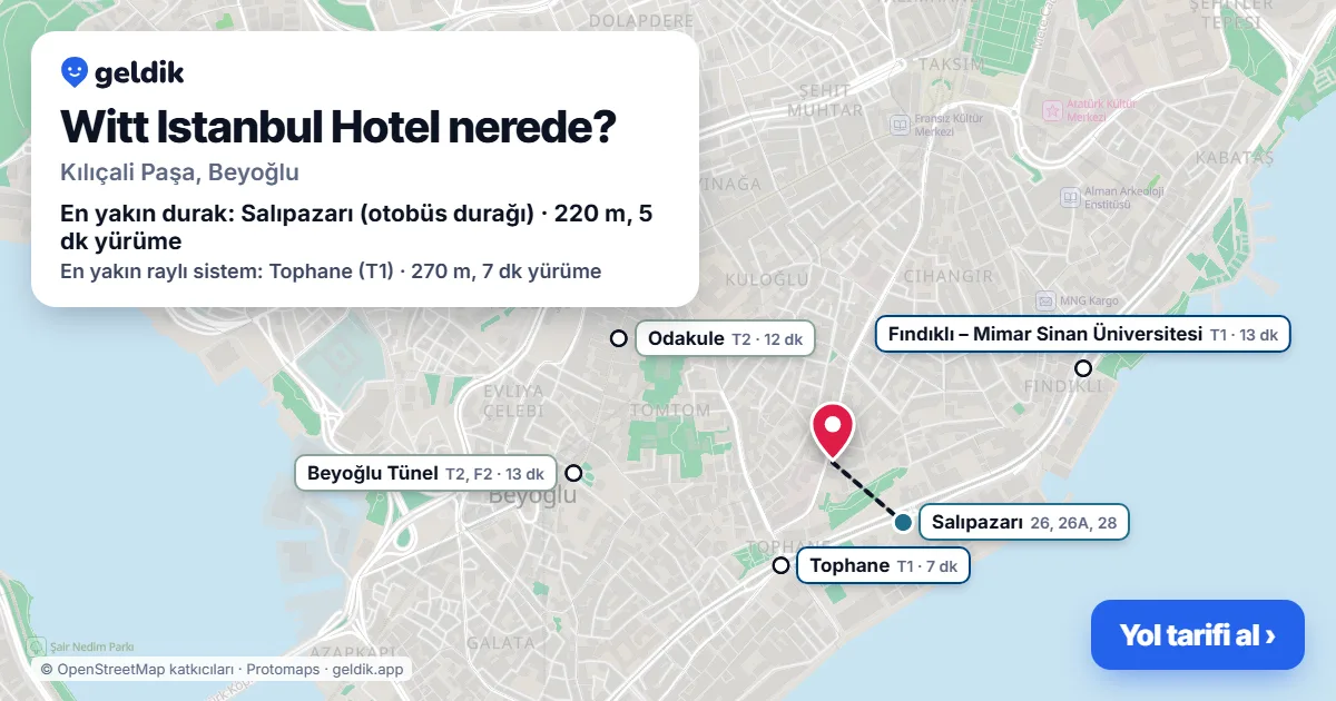 Witt Istanbul Hotel nerede: haritada konumu ve en yakın duraklar, yürüme süreleriyle