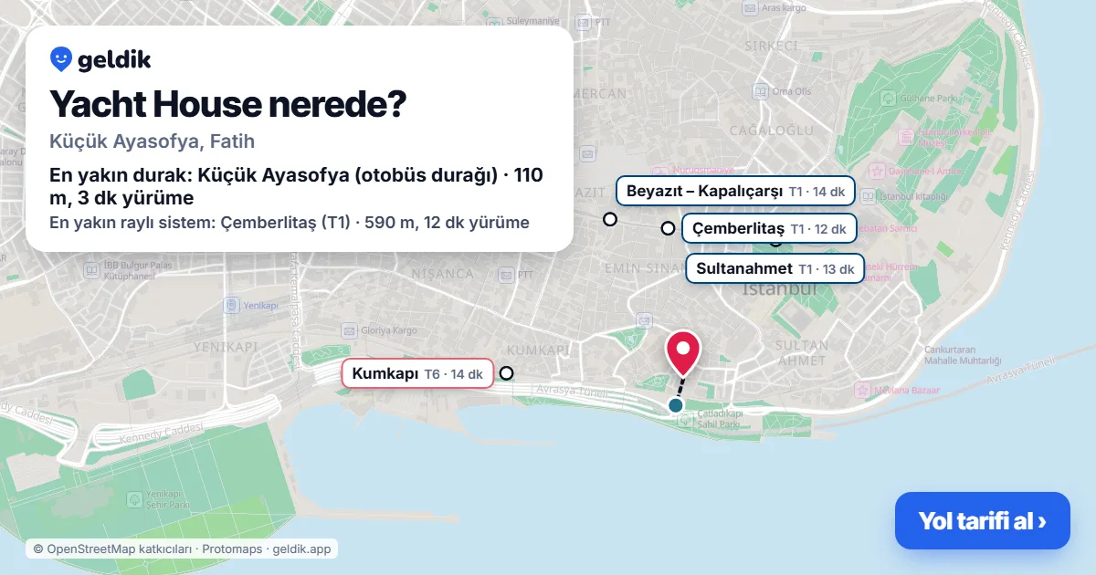Yacht House nerede: haritada konumu ve en yakın duraklar, yürüme süreleriyle
