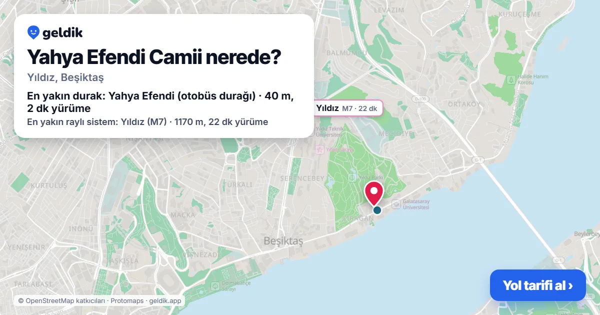 Where is Yahya Efendi Camii: map with its location and the nearest stops, with walking times