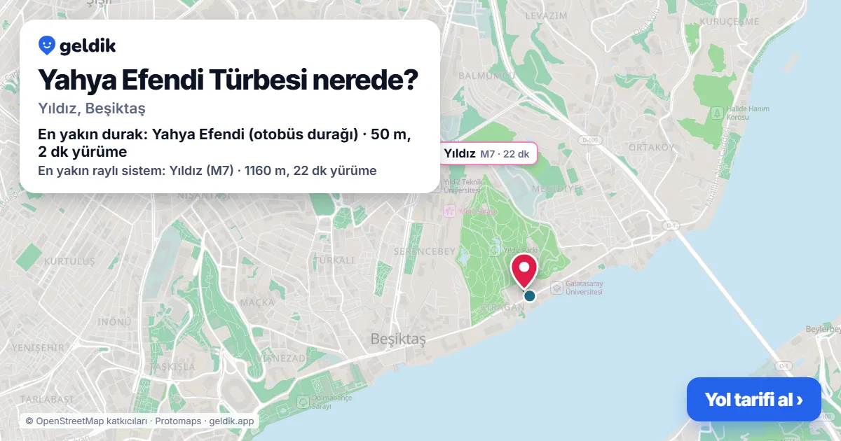 Where is Yahya Efendi Türbesi: map with its location and the nearest stops, with walking times
