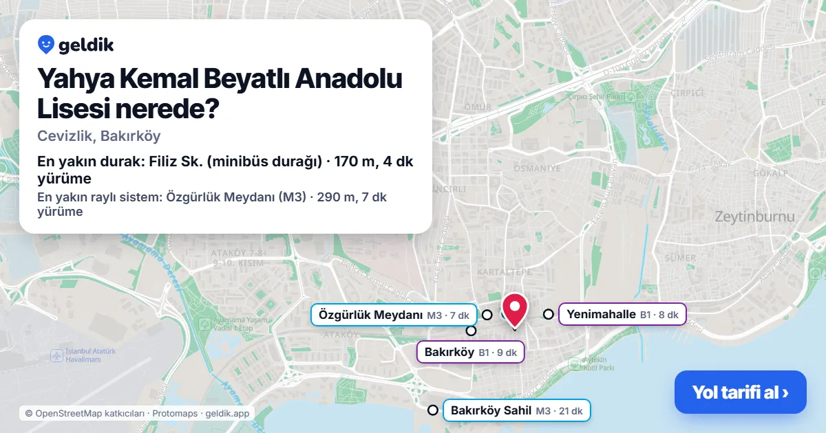 Where is Yahya Kemal Beyatlı Anadolu Lisesi: map with its location and the nearest stops, with walking times