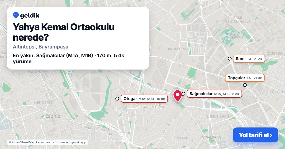 Where is Yahya Kemal Ortaokulu: map with its location and the nearest stops, with walking times