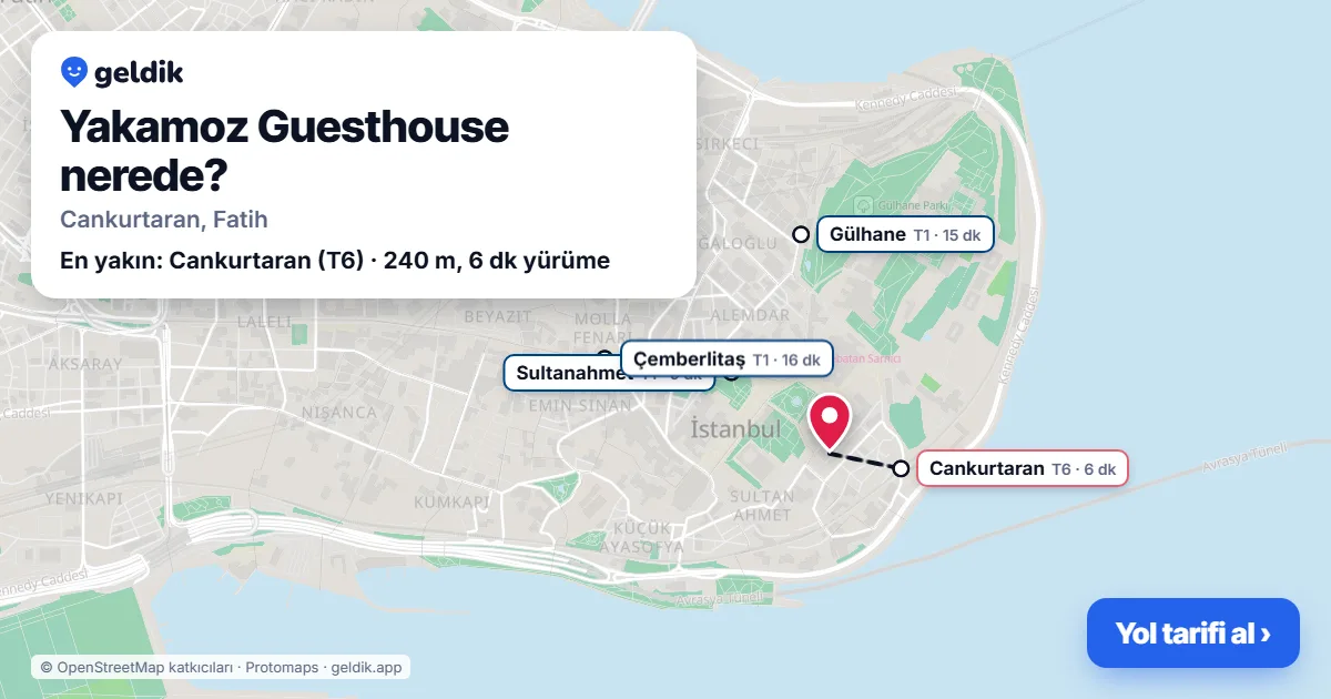 Yakamoz Guesthouse nerede: haritada konumu ve en yakın duraklar, yürüme süreleriyle
