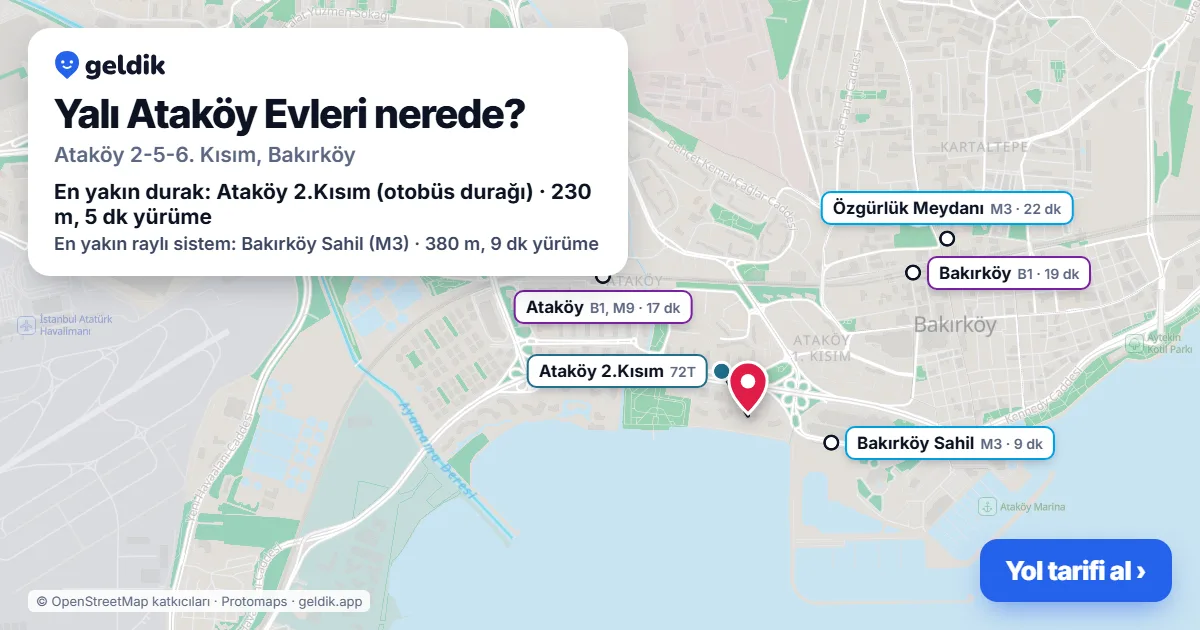 Yalı Ataköy Evleri nerede: haritada konumu ve en yakın duraklar, yürüme süreleriyle