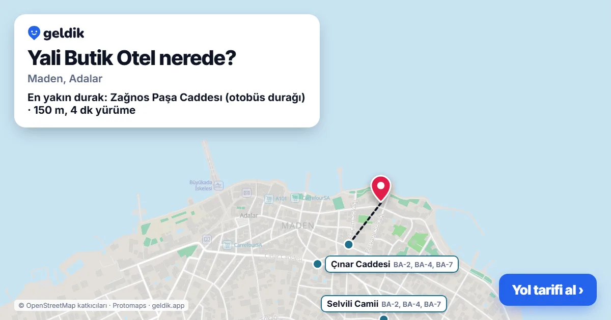Where is Yali Butik Otel: map with its location and the nearest stops, with walking times