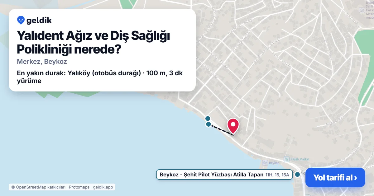 Where is Yalıdent Ağız ve Diş Sağlığı Polikliniği: map with its location and the nearest stops, with walking times