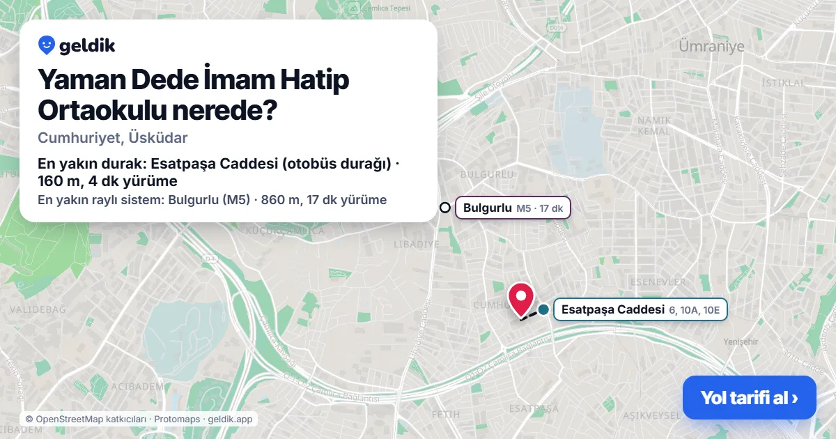 Yaman Dede İmam Hatip Ortaokulu nerede: haritada konumu ve en yakın duraklar, yürüme süreleriyle