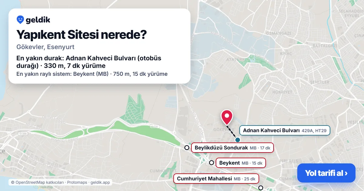 Where is Yapıkent Sitesi: map with its location and the nearest stops, with walking times