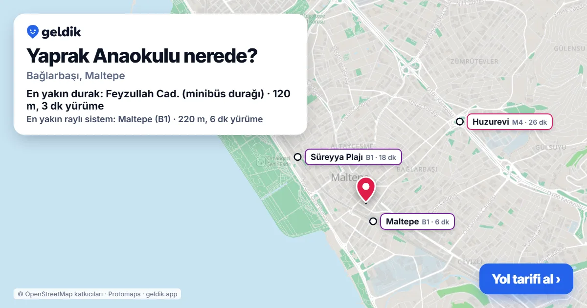 Yaprak Anaokulu nerede: haritada konumu ve en yakın duraklar, yürüme süreleriyle