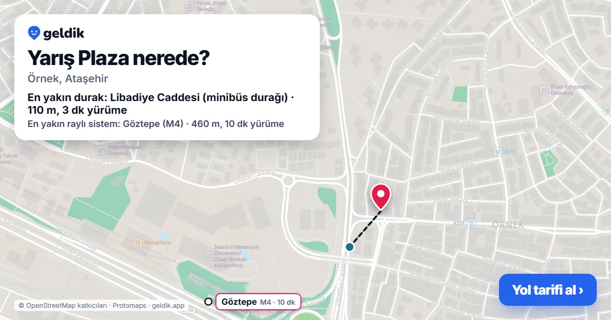 Yarış Plaza nerede: haritada konumu ve en yakın duraklar, yürüme süreleriyle