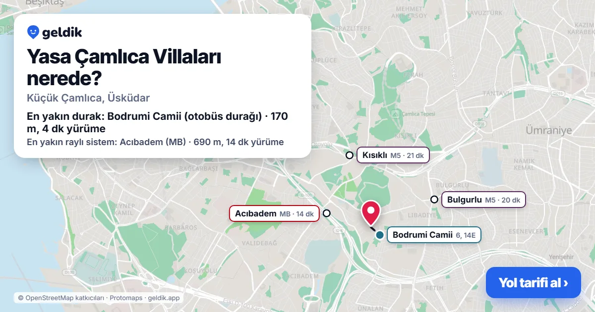 Where is Yasa Çamlıca Villaları: map with its location and the nearest stops, with walking times