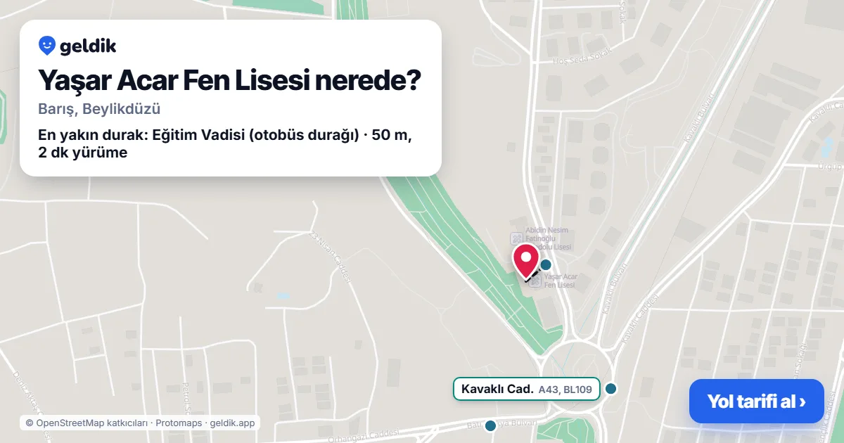 Where is Yaşar Acar Fen Lisesi: map with its location and the nearest stops, with walking times