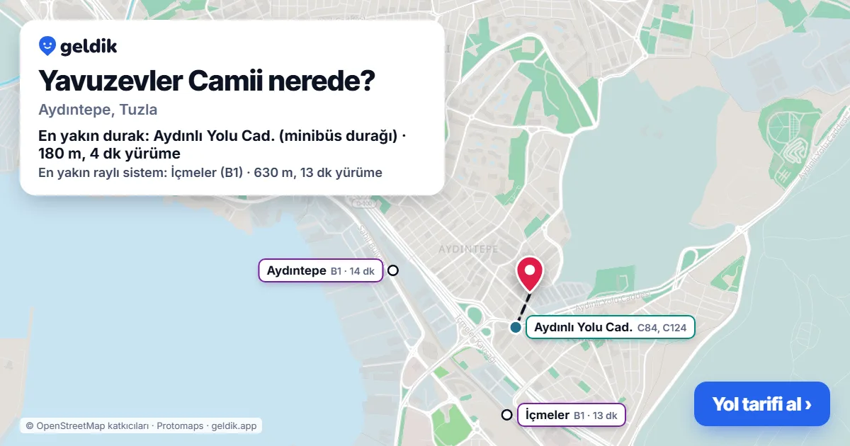 Yavuzevler Camii nerede: haritada konumu ve en yakın duraklar, yürüme süreleriyle