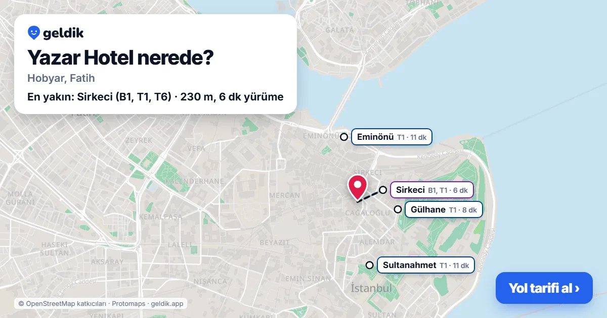 Yazar Hotel nerede: haritada konumu ve en yakın duraklar, yürüme süreleriyle