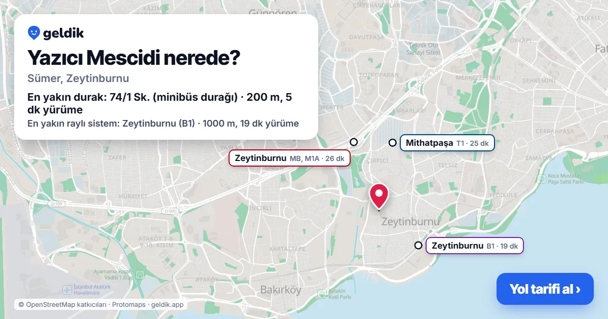 Where is Yazıcı Mescidi: map with its location and the nearest stops, with walking times