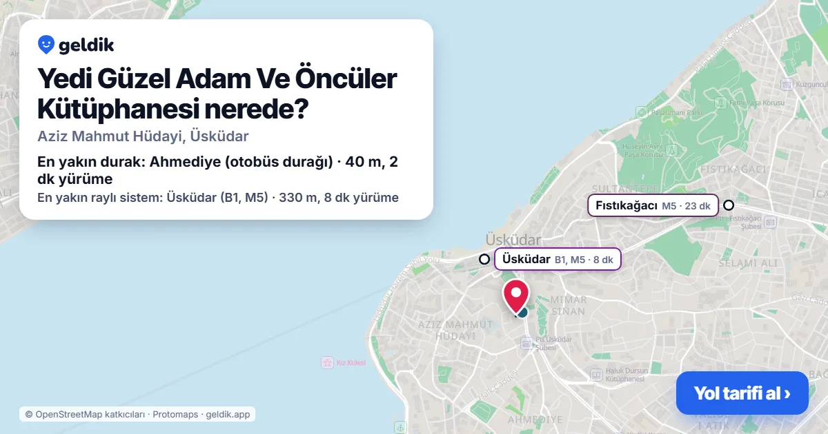 Yedi Güzel Adam Ve Öncüler Kütüphanesi nerede: haritada konumu ve en yakın duraklar, yürüme süreleriyle