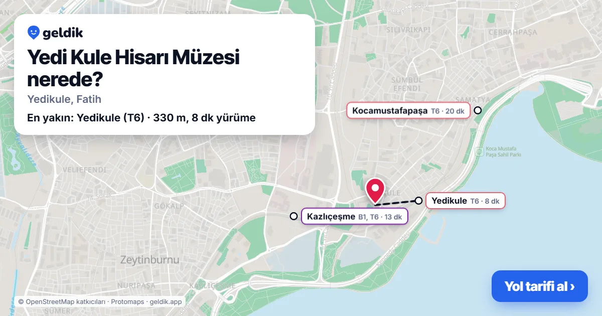 Yedi Kule Hisarı Müzesi nerede: haritada konumu ve en yakın duraklar, yürüme süreleriyle