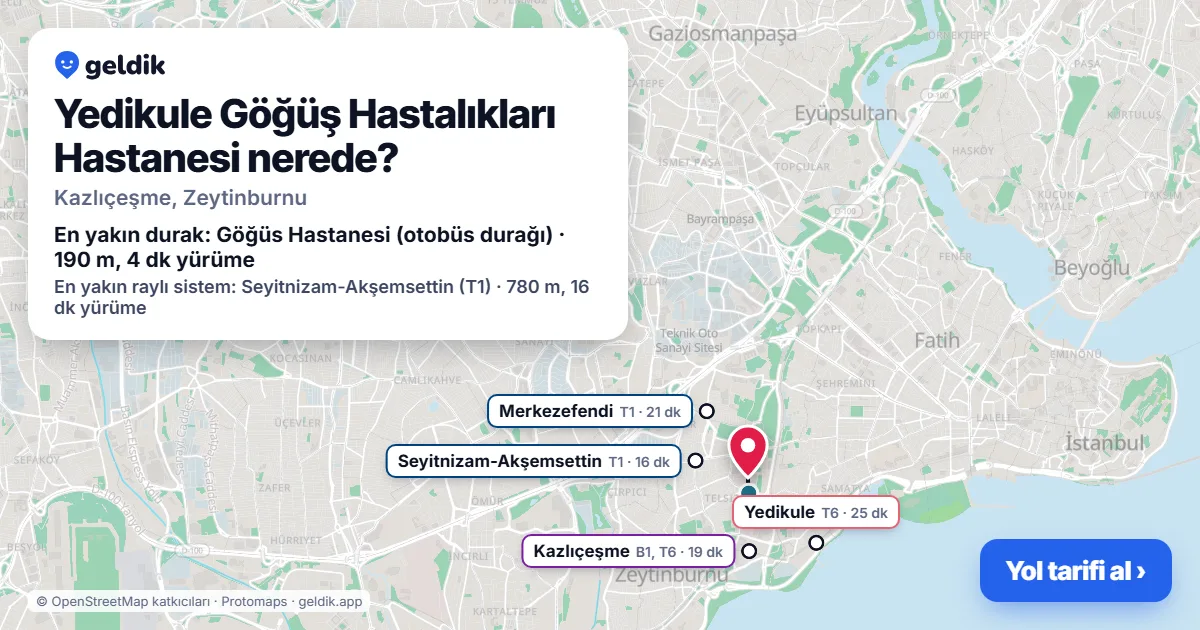 Yedikule Göğüş Hastalıkları Hastanesi nerede: haritada konumu ve en yakın duraklar, yürüme süreleriyle