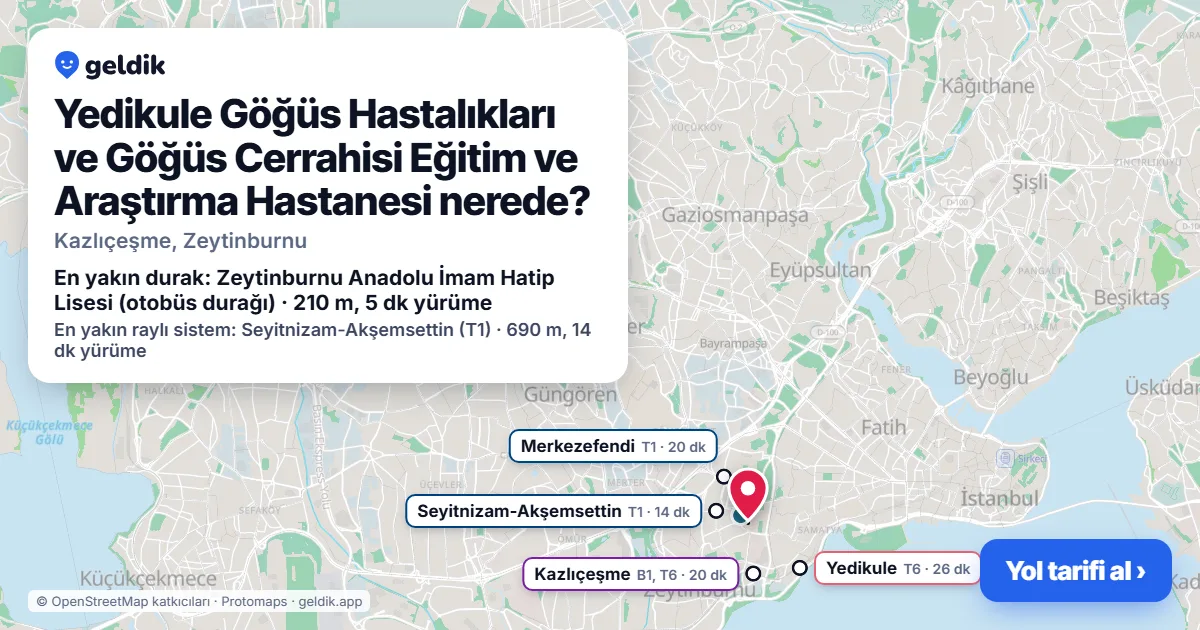 Yedikule Göğüs Hastalıkları ve Göğüs Cerrahisi Eğitim ve Araştırma Hastanesi nerede: haritada konumu ve en yakın duraklar, yürüme süreleriyle