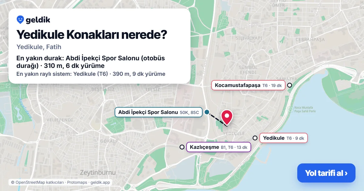 Where is Yedikule Konakları: map with its location and the nearest stops, with walking times