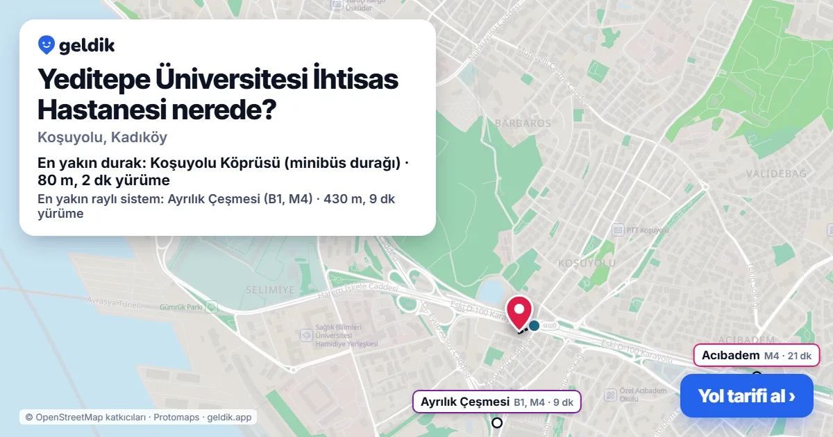 Yeditepe Üniversitesi İhtisas Hastanesi nerede: haritada konumu ve en yakın duraklar, yürüme süreleriyle