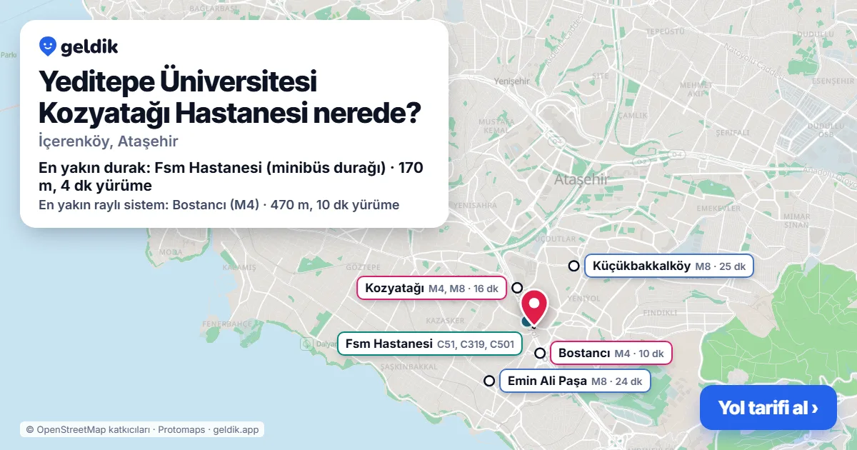Where is Yeditepe Üniversitesi Kozyatağı Hastanesi: map with its location and the nearest stops, with walking times