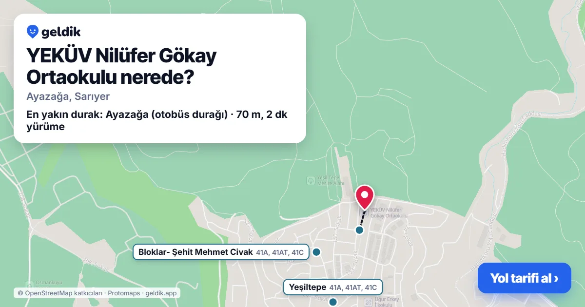 YEKÜV Nilüfer Gökay Ortaokulu nerede: haritada konumu ve en yakın duraklar, yürüme süreleriyle