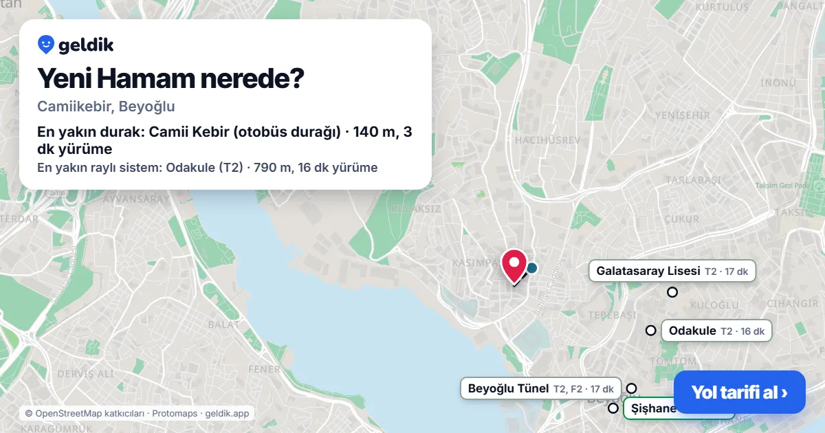 Yeni Hamam nerede: haritada konumu ve en yakın duraklar, yürüme süreleriyle