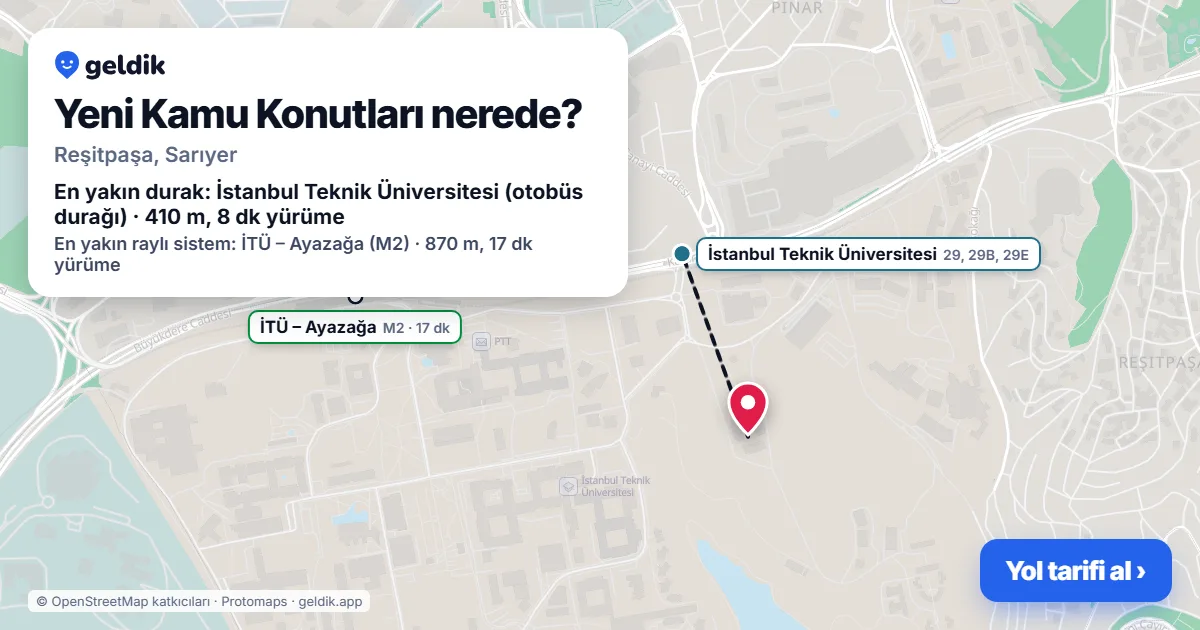 Where is Yeni Kamu Konutları: map with its location and the nearest stops, with walking times
