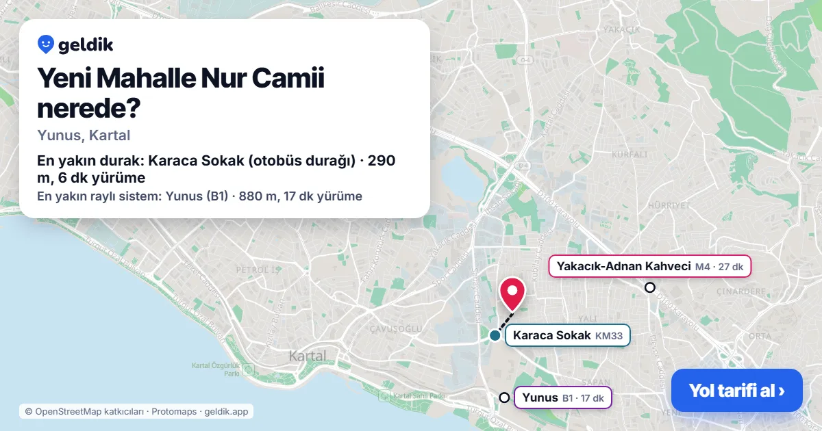 Yeni Mahalle Nur Camii nerede: haritada konumu ve en yakın duraklar, yürüme süreleriyle